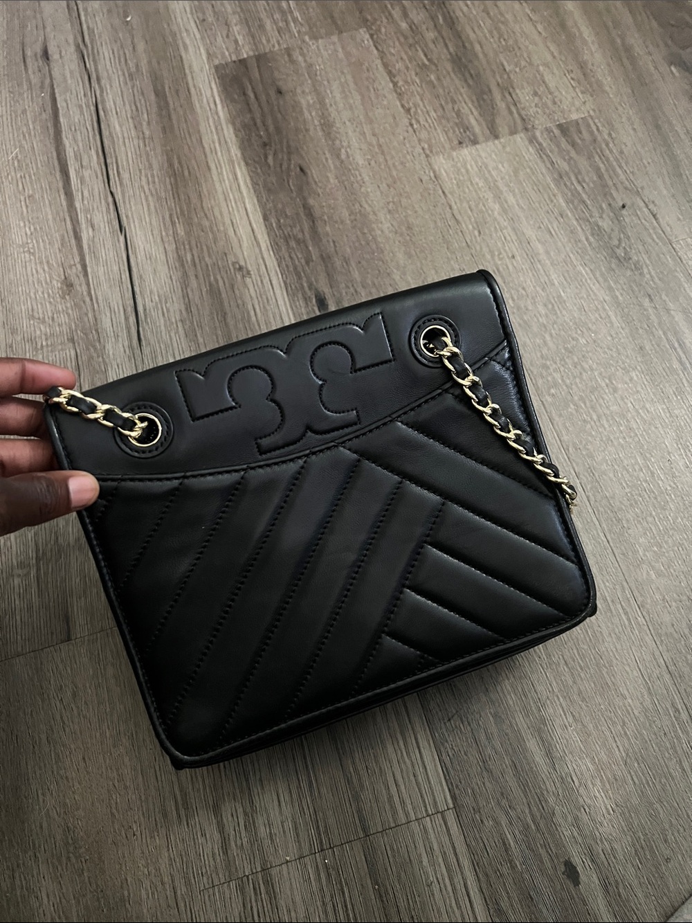 Tory Burch Black Quilted Leather Chain Shoulder Bag with Logo Detail